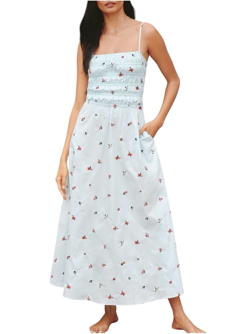 SOLID & STRIPED Light Blue Floral Smocked Maxi Dress with Red Accents